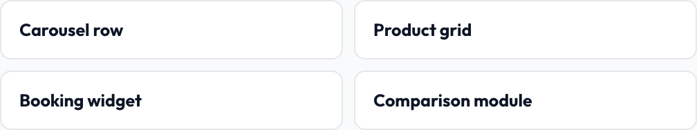 AON offer surface: custom presentation examples including a carousel, product grid, booking widget, and comparison module